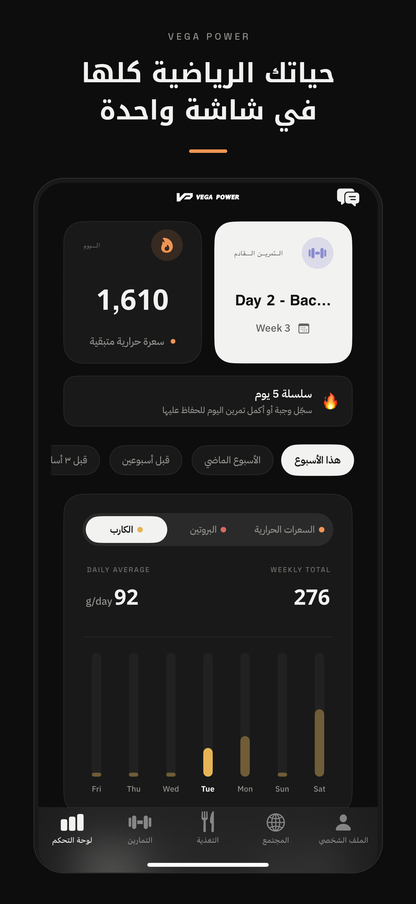 حياتك الرياضية كلها في شاشة واحدة — لوحة تحكم تطبيق ڤيقا باور